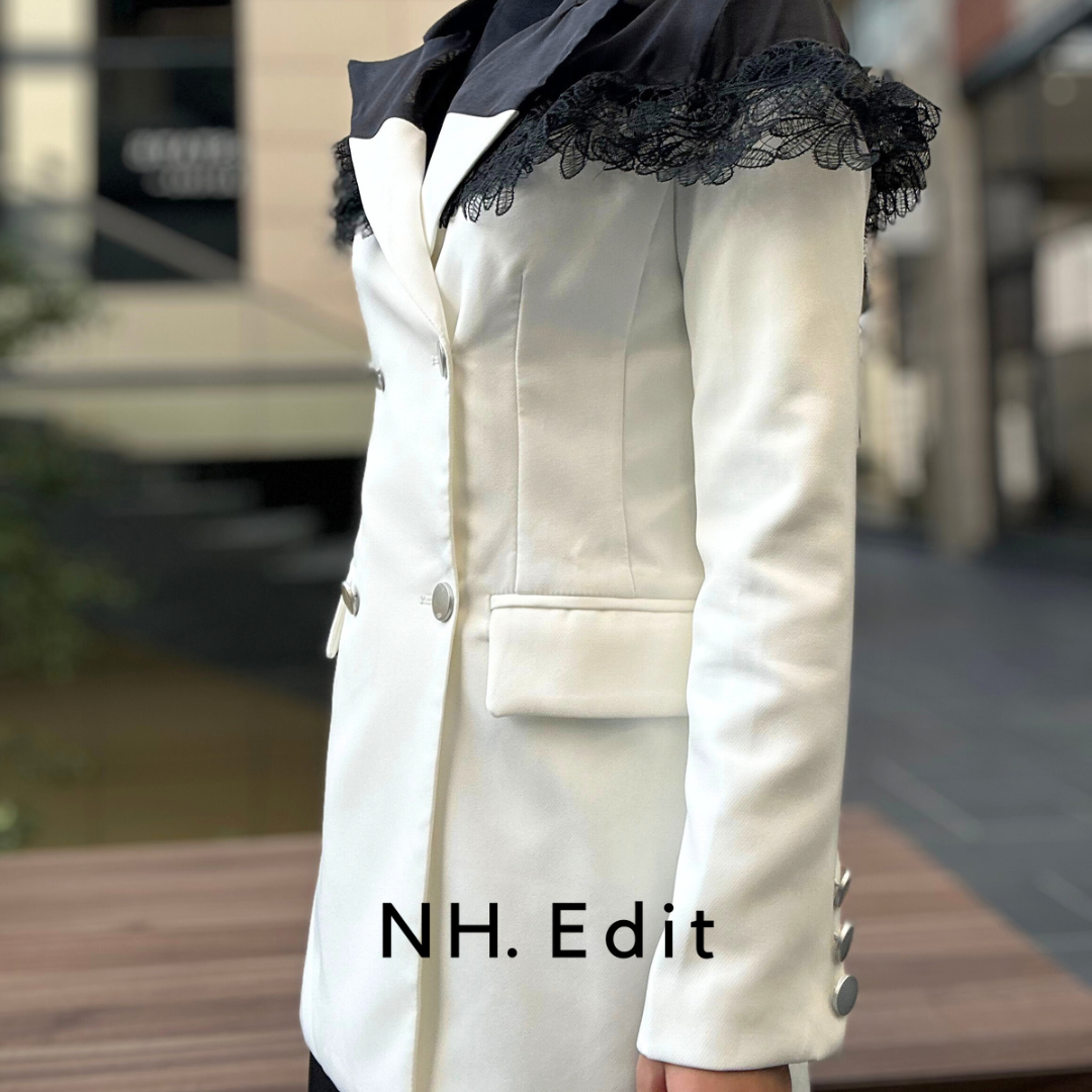 white and black contrast blazer with contrast lace detailing