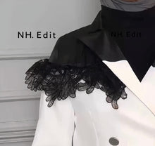 Load image into Gallery viewer, white and black contrast blazer with contrast lace detailing
