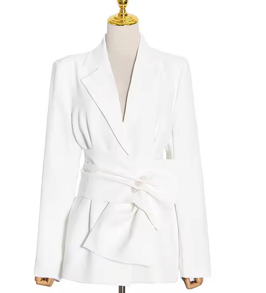 white blazer with asymetrical contemporary bow as belt