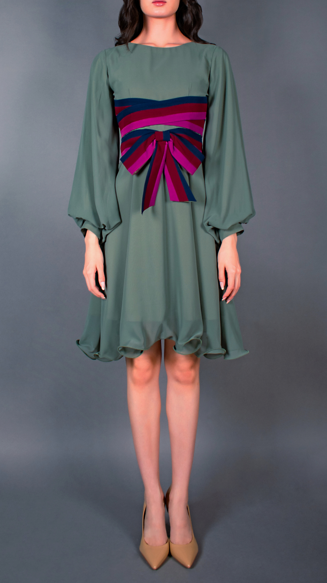 dark green chiffon dress with belting