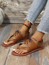 Load image into Gallery viewer, Camel Lace Flat Sandal
