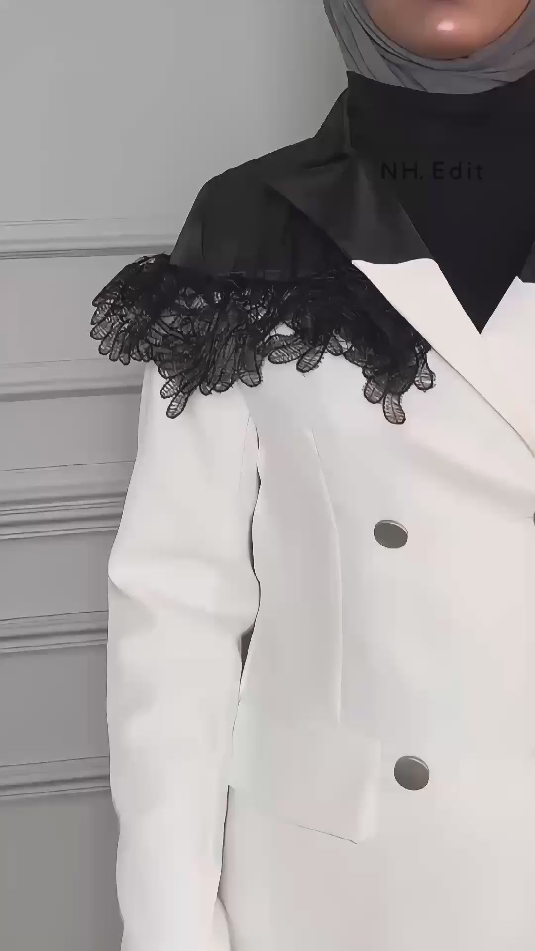 white and black contrast blazer with contrast lace detailing