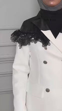 Load and play video in Gallery viewer, white and black contrast blazer with contrast lace detailing
